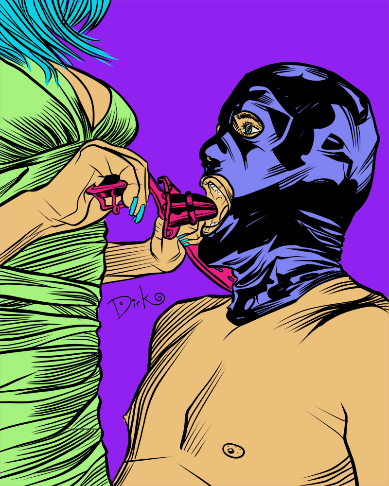This piece by femdom artist Dirk Hooper features a dominatrix with green hair and a slave in a hood. She is about to place a penis gag into his mouth.