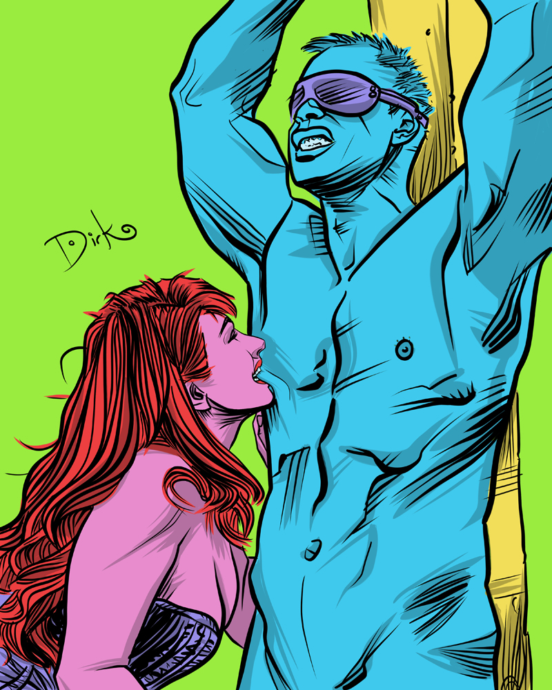 Nom, a kinkink femdom art piece by Dirk Hooper that shows a neon colored pair with a red haired dominatrix and a blindfolded man whose nipple is being bitten.
