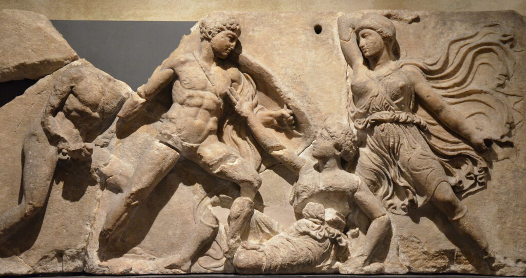A frieze from the Temple of Apollo, Bassae, depicting a Greek fighting Amazons. 420-400 BCE. (British Museum, London) - This image was first published on Flickr. Original image by Carole Raddato. Uploaded by Mark Cartwright, published on 06 July 2016. The copyright holder has published this content under the following license: Creative Commons Attribution-ShareAlike. This license lets others remix, tweak, and build upon a work even for commercial reasons, as long as they credit the author and license their new creations under the identical terms. When republishing on the web a hyperlink back to the original content source URL must be included. Please note that content linked from this page may have different licensing terms.